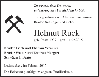 Traueranzeige von Helmut Ruck von WVG - Wochenspiegel Merseburg