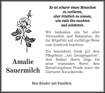 Traueranzeige von Amalie Sauermilch von WVG - Wochenspiegel Dessau / Köthen