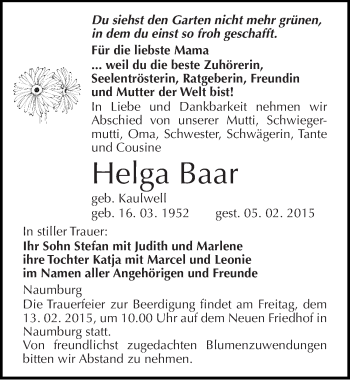 Traueranzeige von Helga Baar von Mitteldeutsche Zeitung Naumburg/Nebra