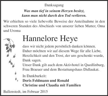 Traueranzeige von Hannelore Heye von WVG - Wochenspiegel Quedlinburg