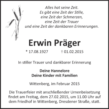 Traueranzeige von Erwin Präger von WVG - Wochenspiegel Wittenberg