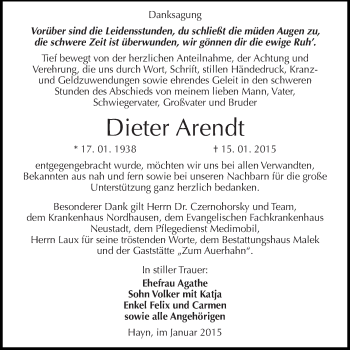 Traueranzeige von Dieter Arendt von Super Sonntag SGH Mansf. Land