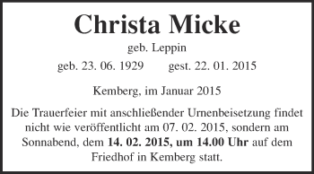 Traueranzeige von Christa Micke von WVG - Wochenspiegel Wittenberg