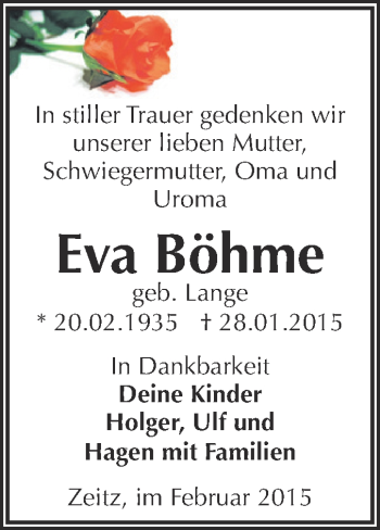 Traueranzeige von Eva Böhme von Super Sonntag Zeitz