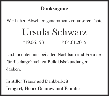 Traueranzeige von Ursula Schwarz von Super Sonntag Wittenberg