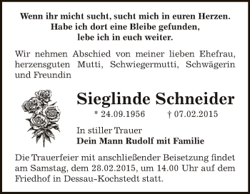 Traueranzeige von Sieglinde Schneider von WVG - Wochenspiegel Dessau / Köthen