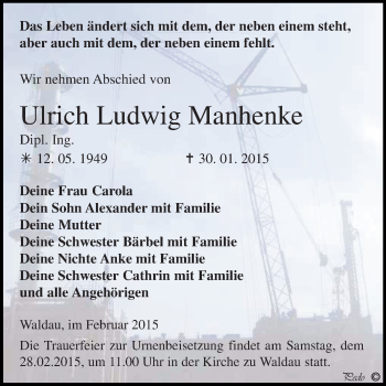 Traueranzeige von Ulrich Ludwig Manhenke von Super Sonntag Zeitz