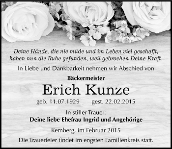 Traueranzeige von Erich Kunze von Mitteldeutsche Zeitung Wittenberg
