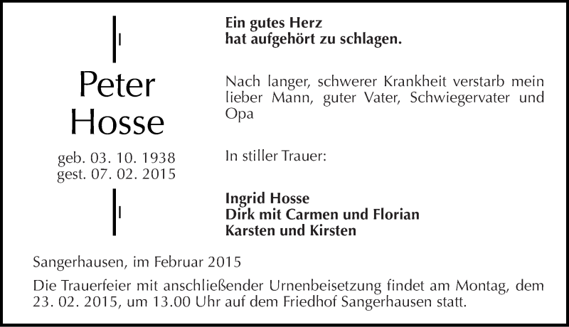  Traueranzeige für Peter Hosse vom 14.02.2015 aus Mitteldeutsche Zeitung Sangerhausen