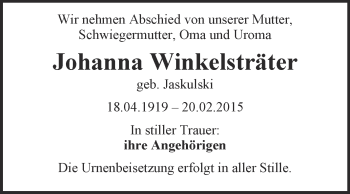 Traueranzeige von Johanna Winkelsträter von WVG - Wochenspiegel Bitterfeld