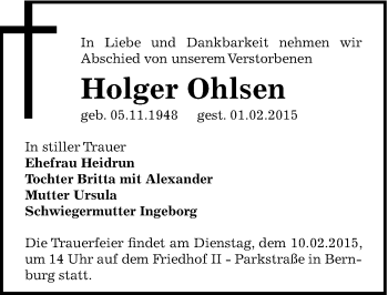 Traueranzeige von Holger Ohlsen von Mitteldeutsche Zeitung Bernburg
