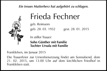 Traueranzeige von Frieda Fechner von WVG - Wochenspiegel Merseburg