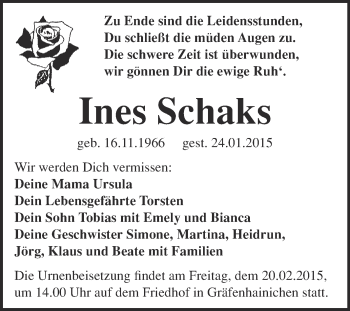 Traueranzeige von Ines Schaks von WVG - Wochenspiegel Wittenberg