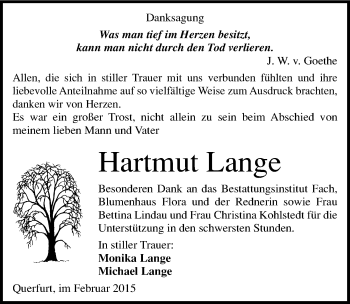 Traueranzeige von Hartmut Lange von Mitteldeutsche Zeitung Merseburg/Querfurt