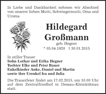 Traueranzeige von Hildegard Großmann von WVG - Wochenspiegel Dessau / Köthen