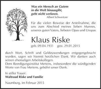 Traueranzeige von Klaus Riske von WVG - Wochenspiegel NMB / WSF / ZTZ