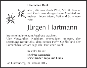 Traueranzeige von Jürgen Hartmann von WVG - Wochenspiegel NMB / WSF / ZTZ