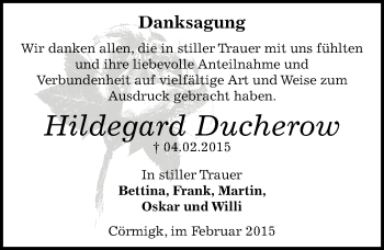 Traueranzeige von Hildegard Ducherow von Mitteldeutsche Zeitung Bernburg