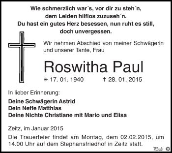 Traueranzeige von Roswitha Paul von Super Sonntag Zeitz