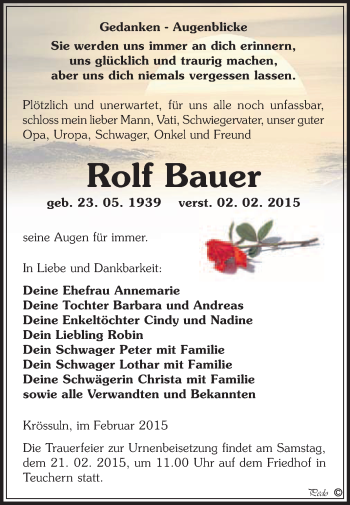 Traueranzeige von Rolf Bauer von WVG - Wochenspiegel NMB / WSF / ZTZ