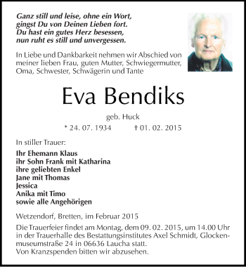 Traueranzeige von Eva Bendiks von Mitteldeutsche Zeitung Naumburg/Nebra