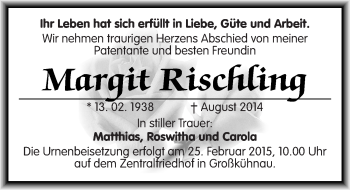 Traueranzeige von Margit Rischling von Mitteldeutsche Zeitung Wittenberg