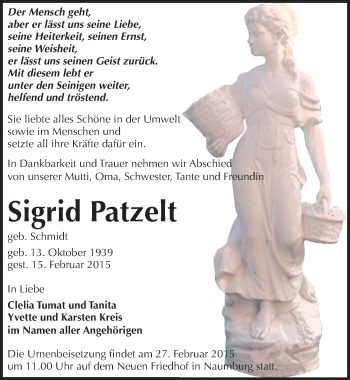 Traueranzeige von Sigrid Patzelt von Mitteldeutsche Zeitung Naumburg/Nebra