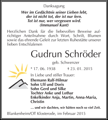 Traueranzeige von Gudrun Schröder von WVG - Wochenspiegel SGH