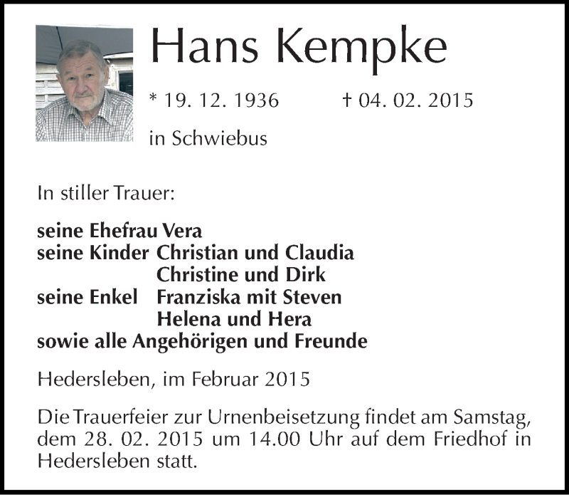  Traueranzeige für Hans Kempke vom 13.02.2015 aus Mitteldeutsche Zeitung Mansfelder Land