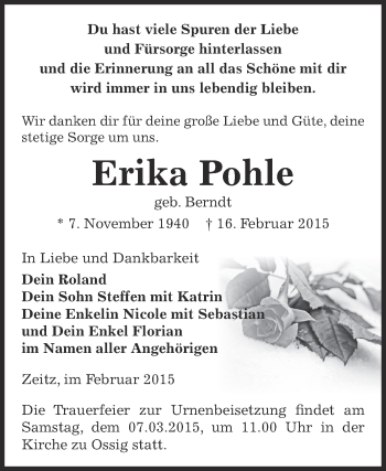 Traueranzeige von Erika Pohle von Super Sonntag Zeitz