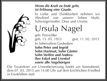 Traueranzeige von Ursula Nagel von Mitteldeutsche Zeitung Merseburg/Querfurt