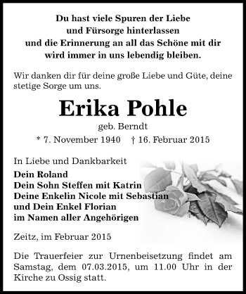 Traueranzeige von Erika Pohle von Mitteldeutsche Zeitung Zeitz