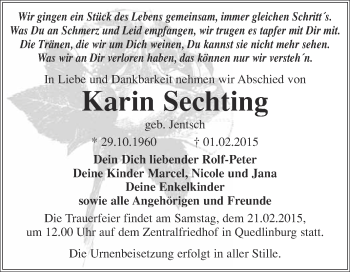 Traueranzeige von Karin Sechting von WVG - Wochenspiegel Quedlinburg