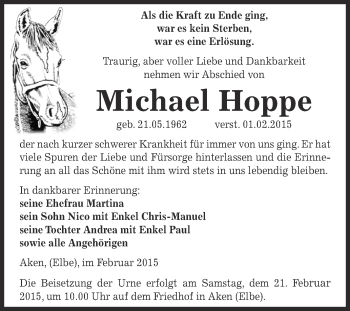 Traueranzeige von Michael Hoppe von WVG - Wochenspiegel Dessau / Köthen