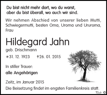 Traueranzeige von Hildegard Jahn von Super Sonntag Zeitz