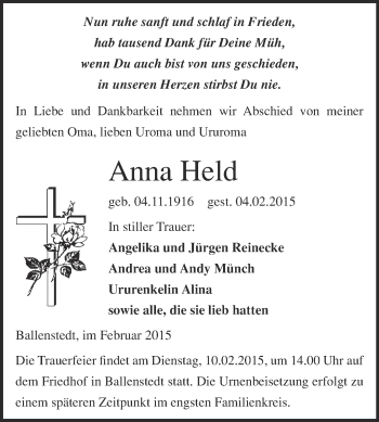 Traueranzeige von Anna Held von WVG - Wochenspiegel Quedlinburg
