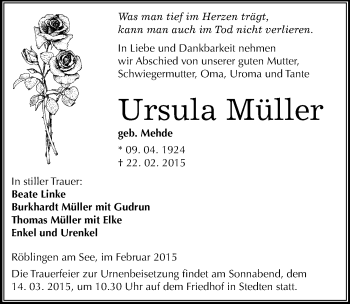 Traueranzeige von Ursula Müller von Mitteldeutsche Zeitung Mansfelder Land