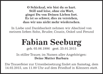 Traueranzeige von Fabian Seeburg von WVG - Wochenspiegel Bernburg