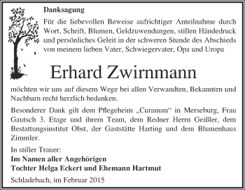 Traueranzeige von Erhard Zwirnmann von Super Sonntag Merseburg