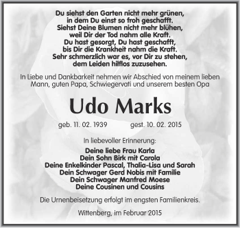 Traueranzeige von Udo Marks von WVG - Wochenspiegel Wittenberg