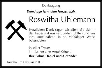 Traueranzeige von Roswitha Uhlemann von WVG - Wochenspiegel NMB / WSF / ZTZ