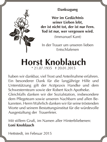 Traueranzeige von Horst Knoblauch von Super Sonntag SGH Mansf. Land