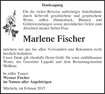 Traueranzeige von Marlene Fischer von WVG - Wochenspiegel Merseburg