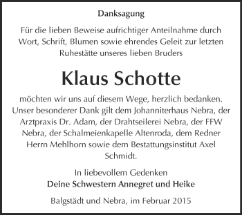 Traueranzeige von Klaus Schotte von WVG - Wochenspiegel NMB / WSF / ZTZ