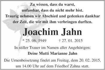 Traueranzeige von Joachim Jahn von Super Sonntag Wittenberg
