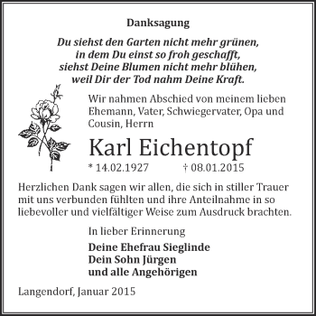 Traueranzeige von Karl Eichentopf von WVG - Wochenspiegel NMB / WSF / ZTZ