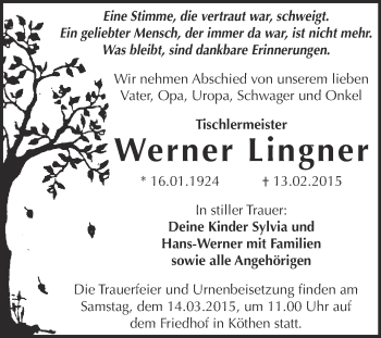 Traueranzeige von Werner Lingner von WVG - Wochenspiegel Dessau / Köthen