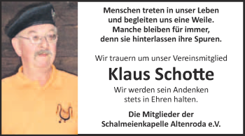 Traueranzeige von Klaus Schotte von WVG - Wochenspiegel NMB / WSF / ZTZ