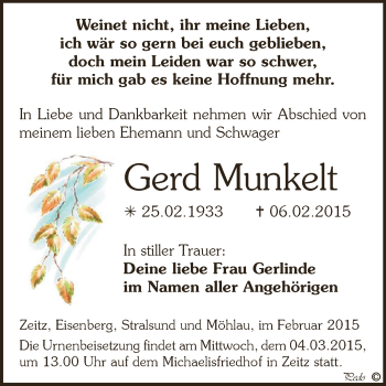 Traueranzeige von Gerd Munkelt von Super Sonntag Zeitz