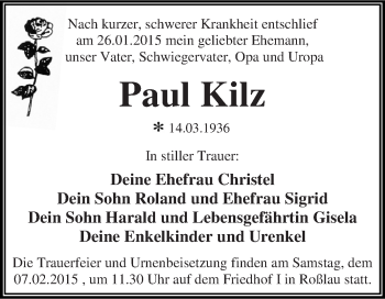Traueranzeige von Paul Kilz von WVG - Wochenspiegel Dessau / Köthen